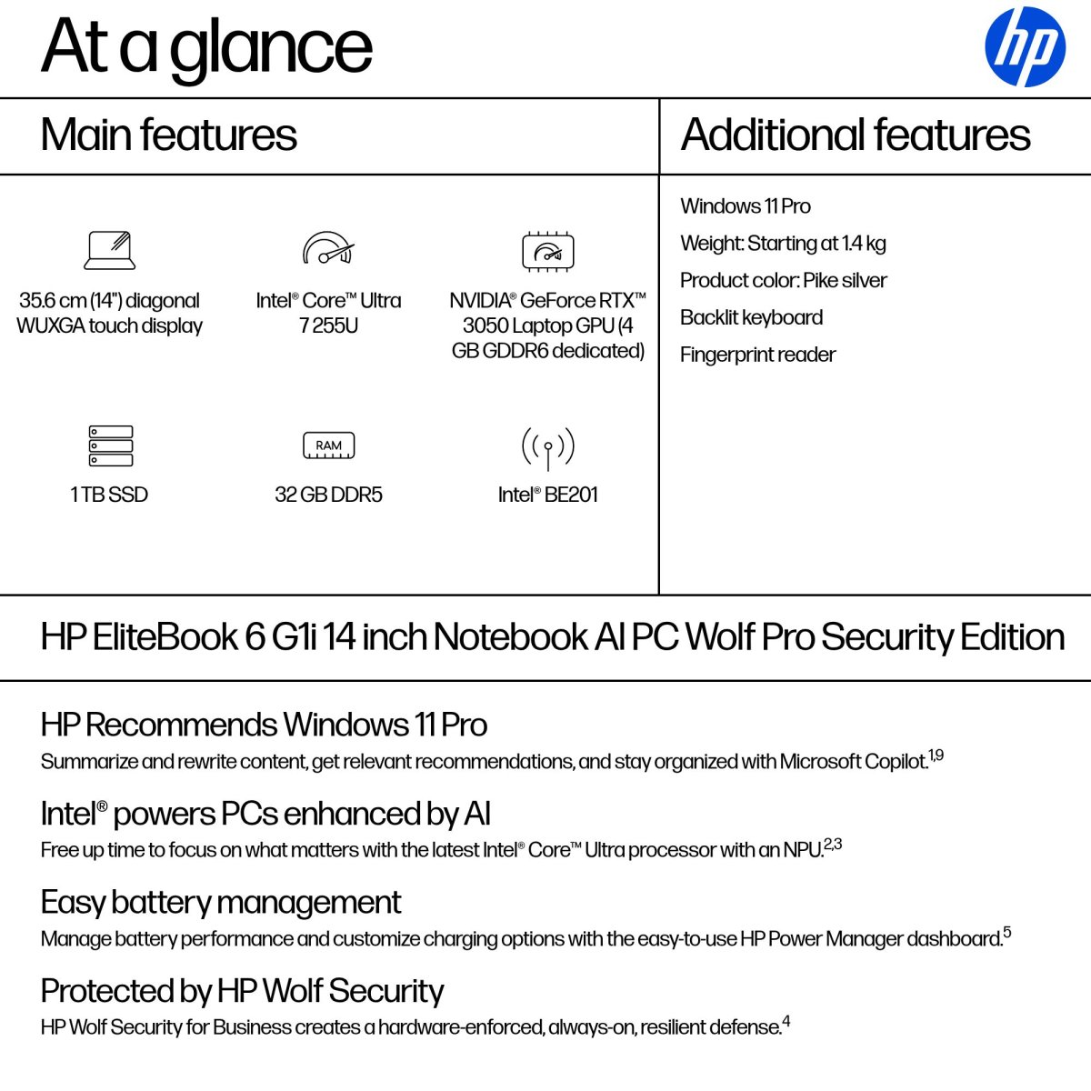 HP EliteBook 6 G1i AI Wolf Pro Security Edition Intel Core Ultra 7 255U Laptop 35.6 cm (14") Touchscreen WUXGA 32 GB DDR5-SDRAM 1 TB SSD Wi-Fi 7 (802.11be) Windows 11 Pro AI PC Silver - Image 4