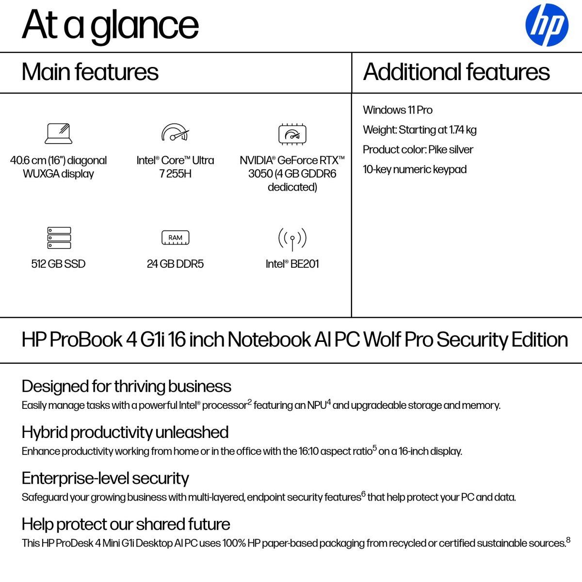 HP ProBook 4 G1i AI Wolf Pro Security Edition Intel Core Ultra 7 255H Laptop 40.6 cm (16") WUXGA 24 GB DDR5-SDRAM 512 GB SSD Wi-Fi 7 (802.11be) Windows 11 Pro AI PC Silver - Image 4