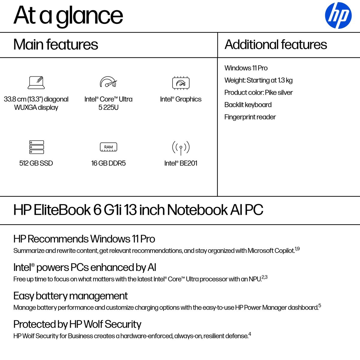 HP EliteBook 6 G1i Intel Core Ultra 5 225U Laptop 33.8 cm (13.3") WUXGA 16 GB DDR5-SDRAM 512 GB SSD Wi-Fi 7 (802.11be) Windows 11 Pro AI PC Silver - Image 4