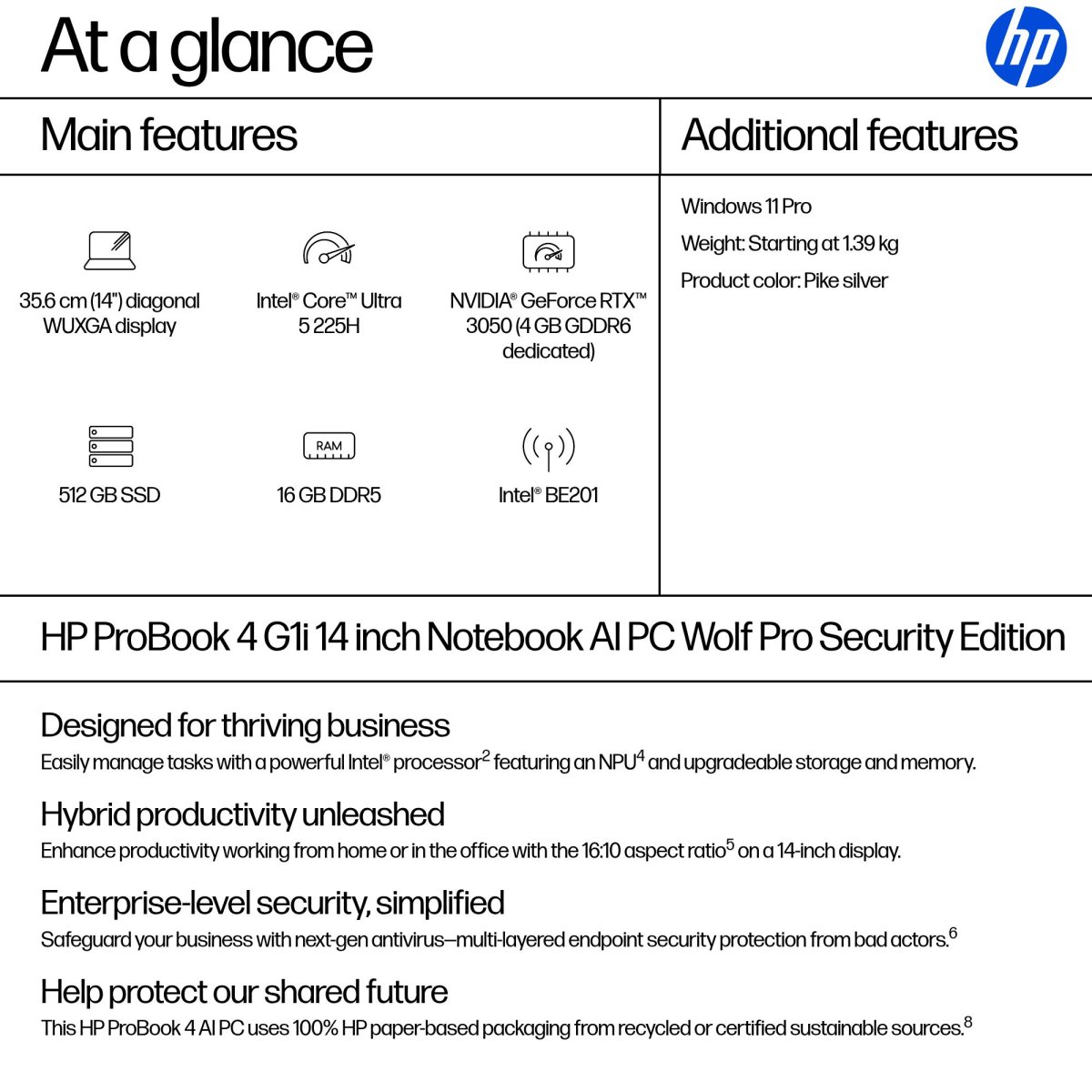 HP ProBook 4 G1i AI Wolf Pro Security Edition Intel Core Ultra 5 225H Laptop 35.6 cm (14") WUXGA 16 GB DDR5-SDRAM 512 GB SSD Wi-Fi 7 (802.11be) Windows 11 Pro AI PC Silver - Image 3
