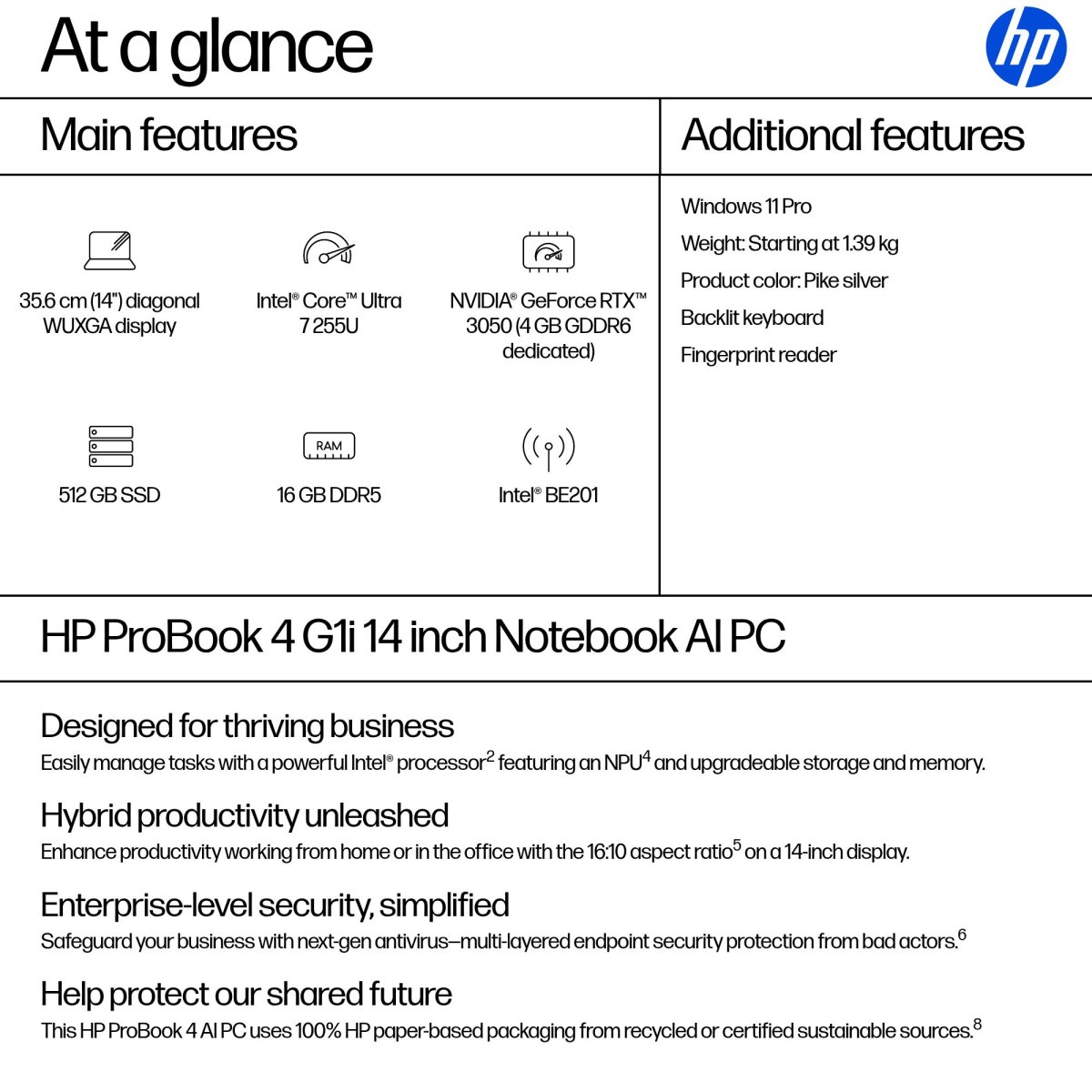 HP ProBook 4 G1i AI PC Intel Core Ultra 7 255U Laptop 35.6 cm (14") WUXGA 16 GB DDR5-SDRAM 512 GB SSD Wi-Fi 7 (802.11be) Windows 11 Pro Silver - Image 3