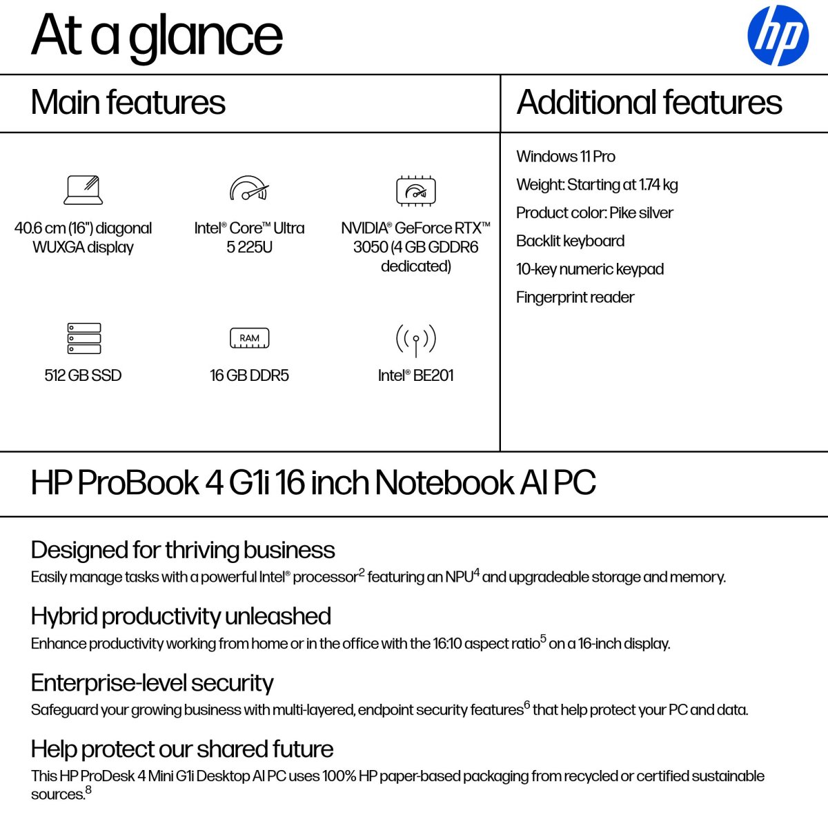 HP ProBook 4 G1i AI PC Intel Core Ultra 5 225U Laptop 40.6 cm (16") WUXGA 16 GB DDR5-SDRAM 512 GB SSD Wi-Fi 7 (802.11be) Windows 11 Pro Silver - Image 4