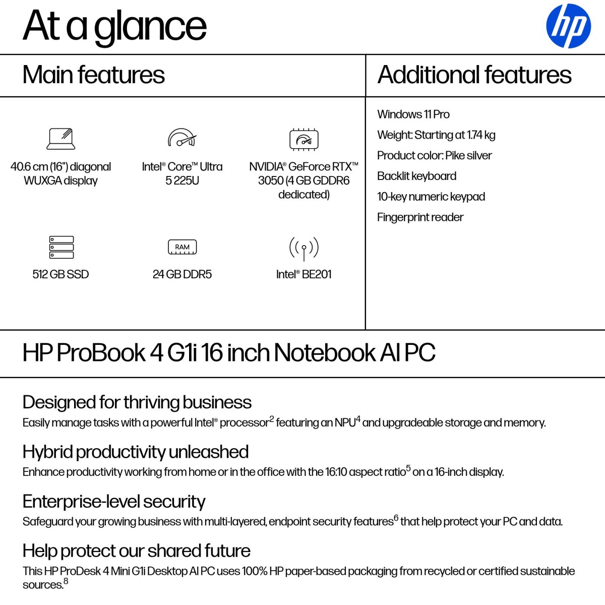 HP ProBook 4 G1i AI PC Intel Core Ultra 5 225U Laptop 40.6 cm (16") WUXGA 24 GB DDR5-SDRAM 512 GB SSD Wi-Fi 7 (802.11be) Windows 11 Pro Silver - Image 4