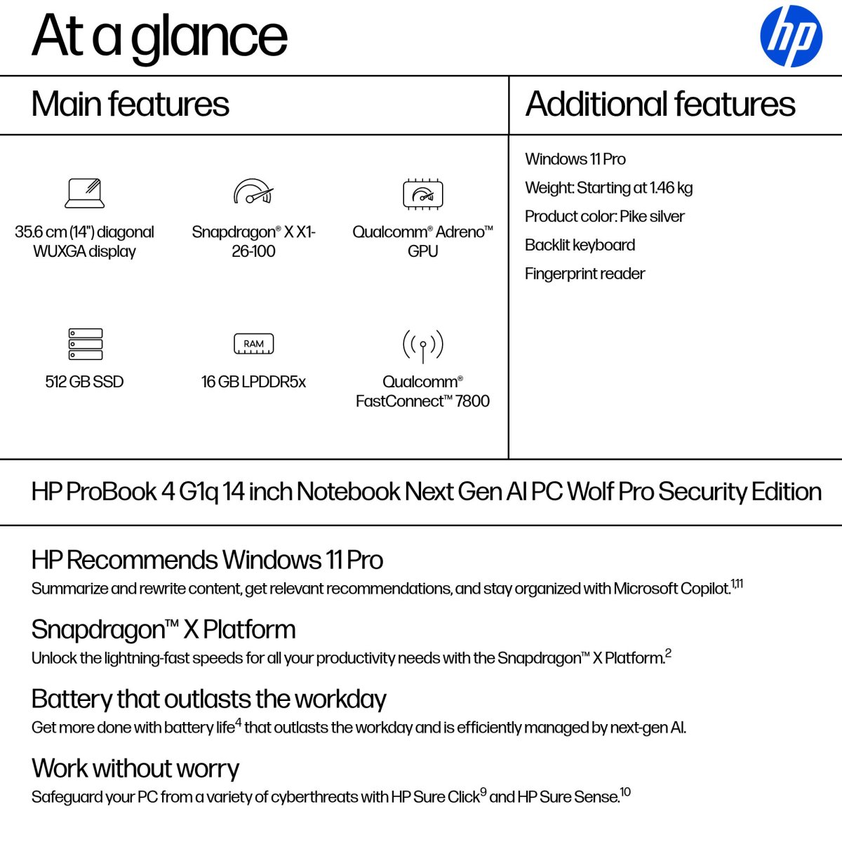 HP ProBook 4 G1q Next Gen AI PC Wolf Pro Security Edition Copilot+ PC Snapdragon X1-26-100 Laptop 35.6 cm (14") WUXGA 16 GB LPDDR5x-SDRAM 512 GB SSD Wi-Fi 7 (802.11be) Windows 11 Pro Silver - Image 3