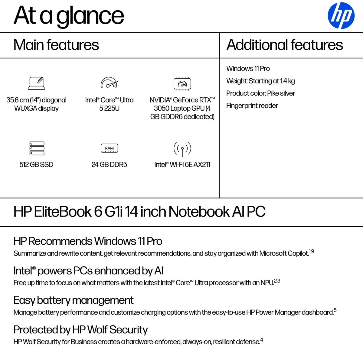 HP EliteBook 6 G1i AI PC Intel Core Ultra 5 225U Laptop 35.6 cm (14") WUXGA 24 GB DDR5-SDRAM 512 GB SSD Wi-Fi 6E (802.11ax) Windows 11 Pro Silver - Image 4