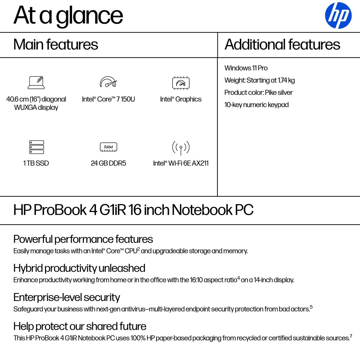 HP ProBook 4 G1iR Intel Core 7 150U Laptop 40.6 cm (16") WUXGA 24 GB DDR5-SDRAM 1 TB SSD Wi-Fi 6E (802.11ax) Windows 11 Pro Silver - Image 4