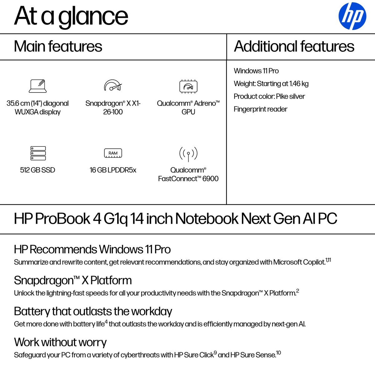 HP ProBook 4 G1q Next Gen AI PC Copilot+ PC Snapdragon X1-26-100 Laptop 35.6 cm (14") WUXGA 16 GB LPDDR5x-SDRAM 512 GB SSD Wi-Fi 6E (802.11ax) Windows 11 Pro Silver - Image 3