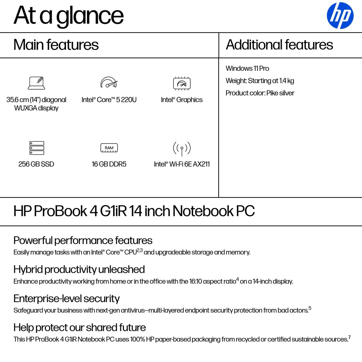 HP ProBook 4 G1iR Intel Core 5 220U Laptop 35.6 cm (14") WUXGA 16 GB DDR5-SDRAM 256 GB SSD Wi-Fi 6E (802.11ax) Windows 11 Pro Silver - Image 4