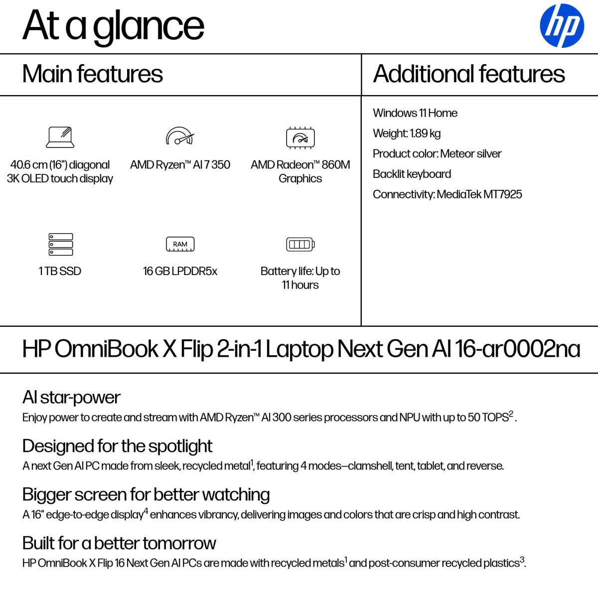 HP OmniBook X Flip 16-ar0002na Copilot+ PC AMD Ryzen™ AI 7 350 Hybrid (2-in-1) 40.6 cm (16") Touchscreen 3K 16 GB LPDDR5x-SDRAM 1 TB SSD Wi-Fi 7 (802.11be) Windows 11 Home Silver - Image 5