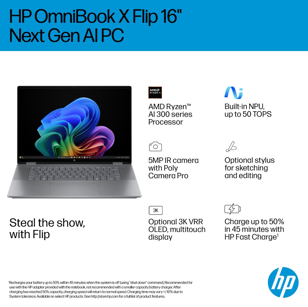 HP OmniBook X Flip 16-ar0004na Copilot+ PC AMD Ryzen™ AI 5 340 Hybrid (2-in-1) 40.6 cm (16") Touchscreen 2K 16 GB LPDDR5x-SDRAM 512 GB SSD Wi-Fi 7 (802.11be) Windows 11 Home Silver - Image 5