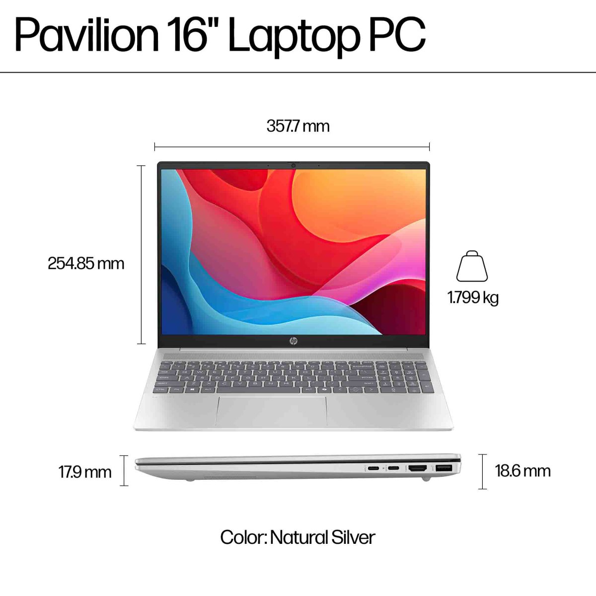 HP Pavilion 16-ag0006na AMD Ryzen™ 5 8540U Laptop 40.6 cm (16") Touchscreen 2K 8 GB LPDDR5-SDRAM 512 GB SSD Wi-Fi 6 (802.11ax) Windows 11 Home Silver - Image 7