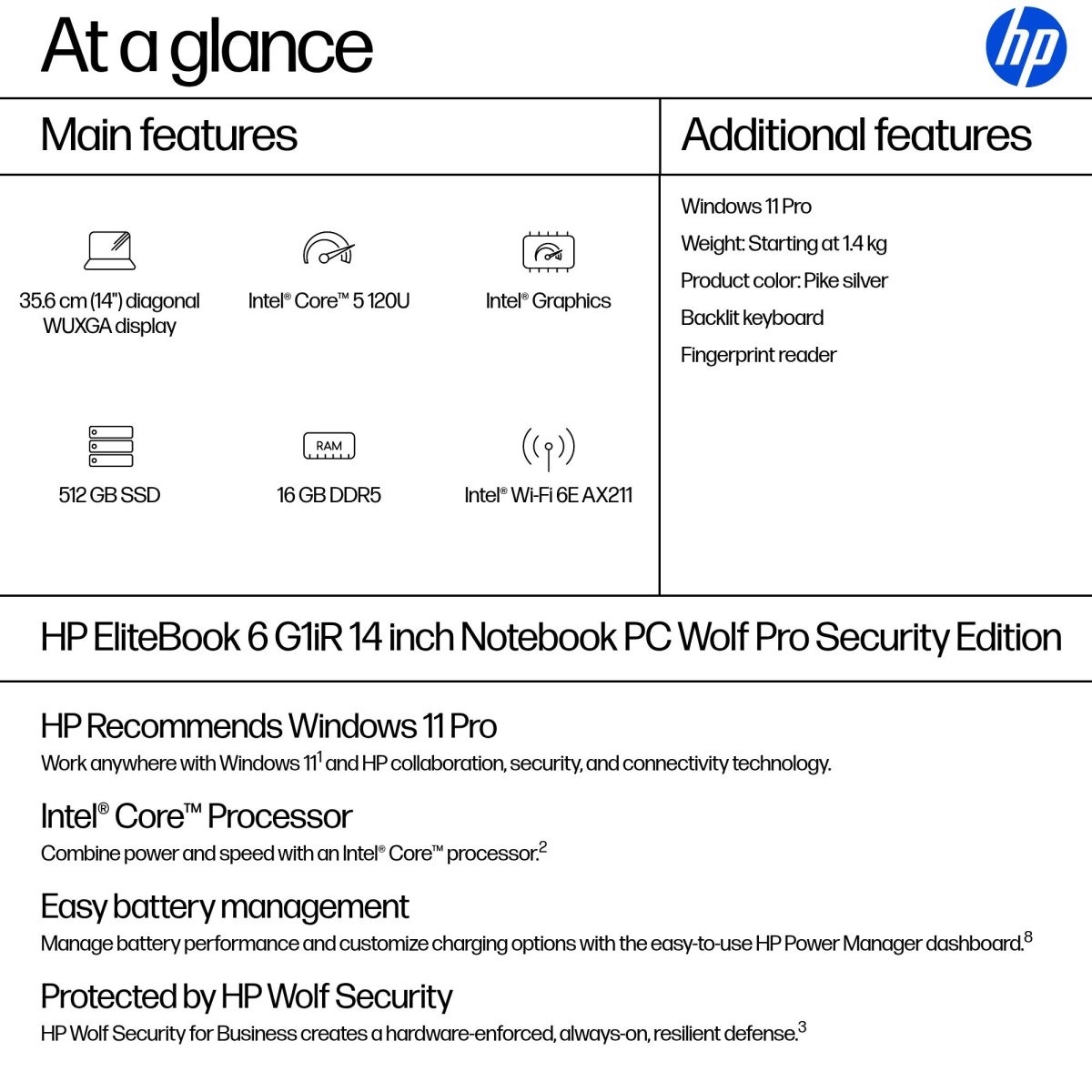 HP EliteBook 6 G1iR Wolf Pro Security Edition Intel Core 5 120U Laptop 35.6 cm (14") WUXGA 16 GB DDR5-SDRAM 512 GB SSD Wi-Fi 6E (802.11ax) Windows 11 Pro Silver - Image 4