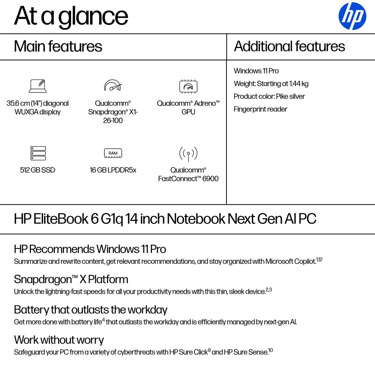 HP EliteBook 6 G1q Next Gen AI PC Copilot+ PC Snapdragon X1-26-100 Laptop 35.6 cm (14") WUXGA 16 GB LPDDR5x-SDRAM 512 GB SSD Wi-Fi 6E (802.11ax) Windows 11 Pro Silver - Image 4