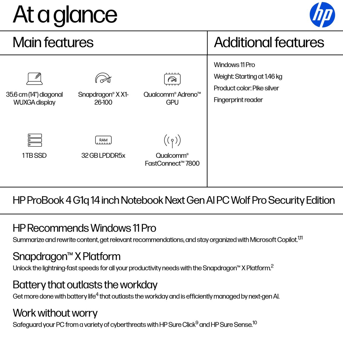 HP ProBook 4 G1q Next Gen AI PC Wolf Pro Security Edition Copilot+ PC Snapdragon X1-26-100 Laptop 35.6 cm (14") WUXGA 32 GB LPDDR5x-SDRAM 1 TB SSD Wi-Fi 7 (802.11be) Windows 11 Pro Silver - Image 3