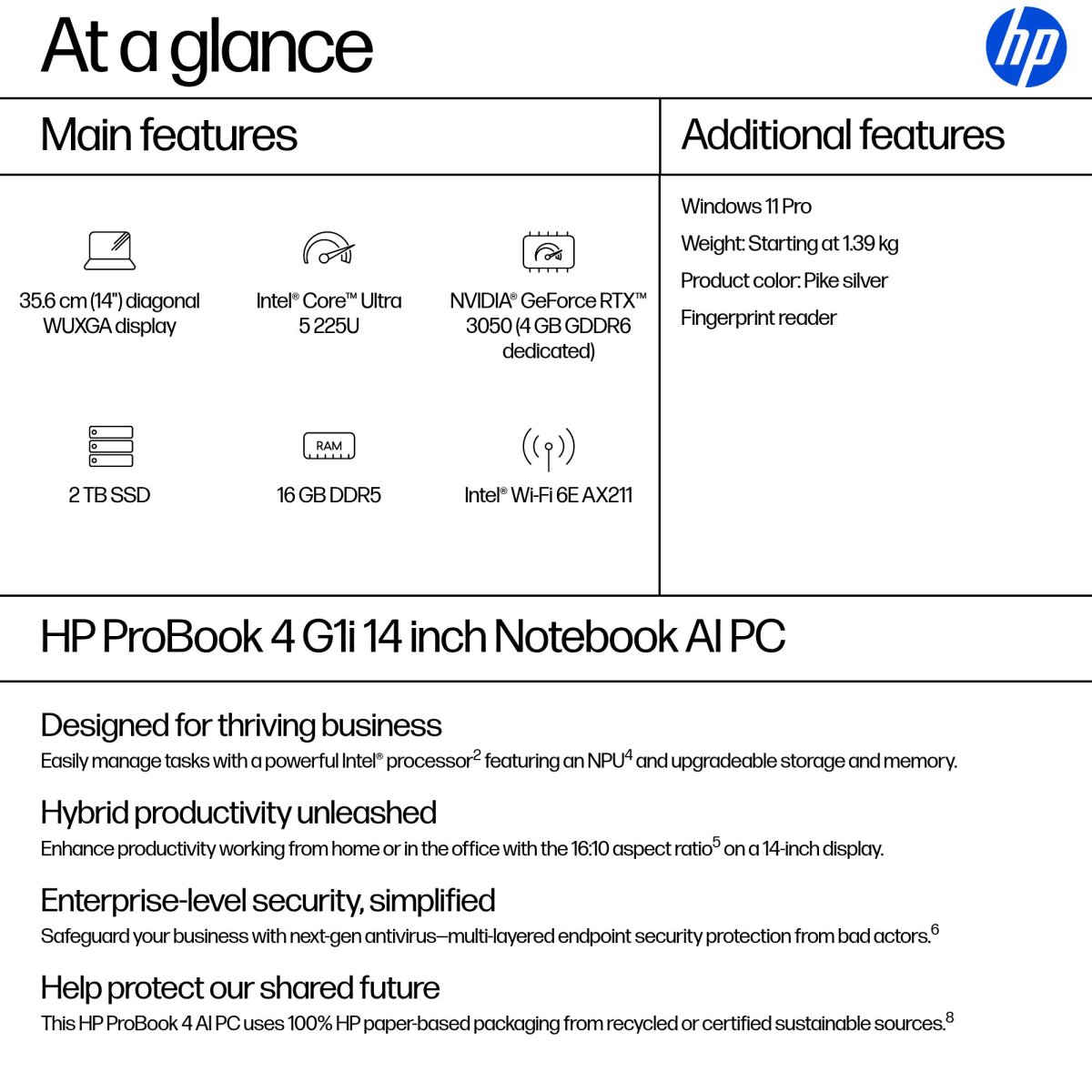 HP ProBook 4 G1i AI Intel Core Ultra 5 225U Laptop 35.6 cm (14") WUXGA 16 GB DDR5-SDRAM 256 GB SSD Wi-Fi 6E (802.11ax) Windows 11 Pro AI PC Silver - Image 3