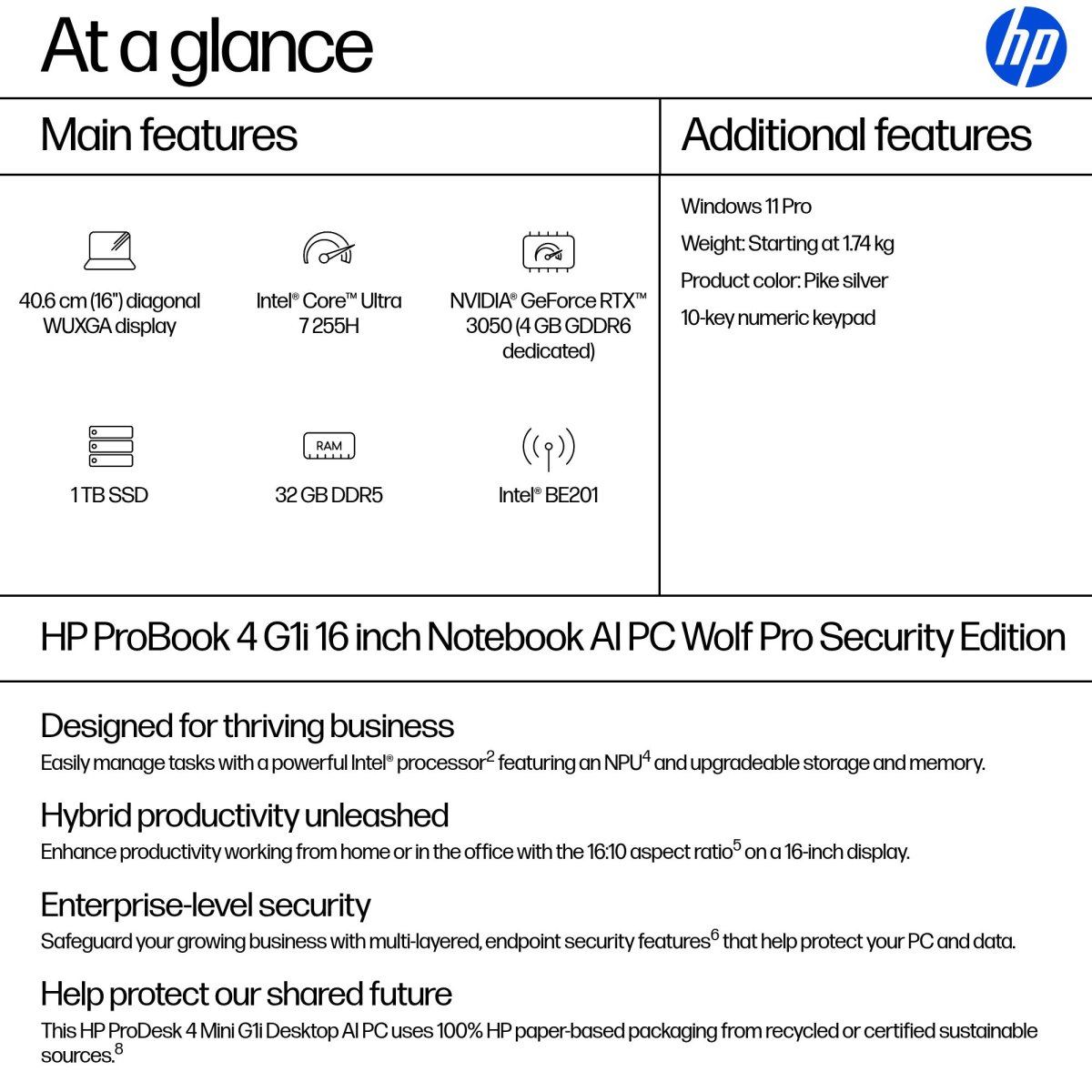 HP ProBook 4 G1i AI Wolf Pro Security Edition Intel Core Ultra 7 255H Laptop 40.6 cm (16") WUXGA 32 GB DDR5-SDRAM 1 TB SSD Wi-Fi 7 (802.11be) Windows 11 Pro AI PC Silver - Image 4