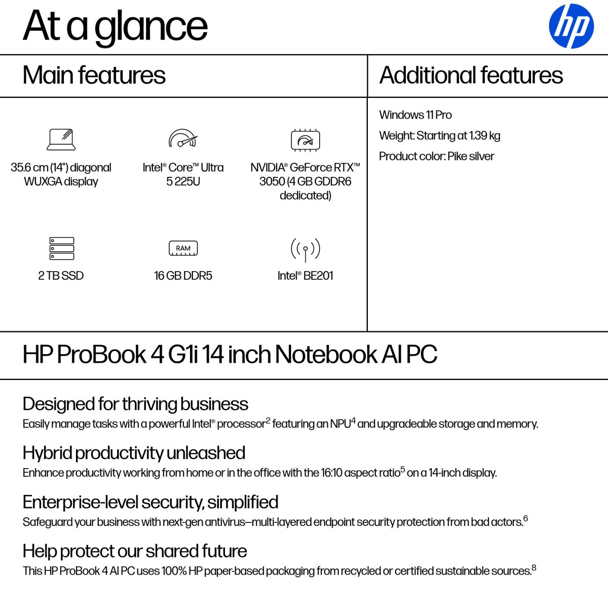 HP ProBook 4 G1i AI Intel Core Ultra 5 225U Laptop 35.6 cm (14") WUXGA 16 GB DDR5-SDRAM 256 GB SSD Wi-Fi 7 (802.11be) Windows 11 Pro AI PC Silver - Image 3