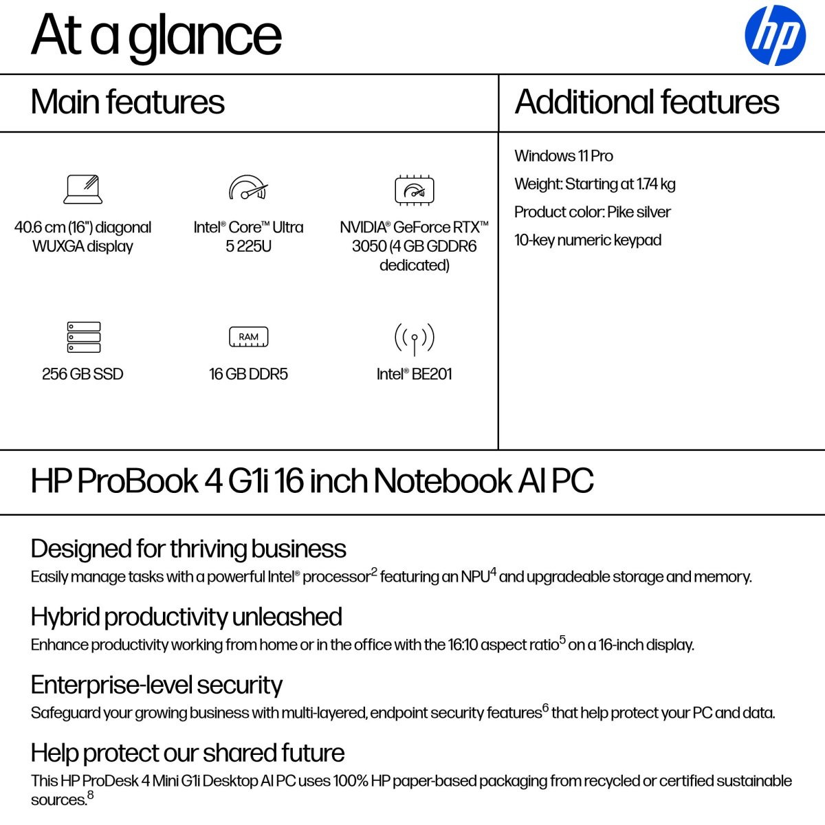 HP ProBook 4 G1i AI Intel Core Ultra 5 225U Laptop 40.6 cm (16") WUXGA 16 GB DDR5-SDRAM 256 GB SSD Wi-Fi 7 (802.11be) Windows 11 Pro AI PC Silver - Image 4