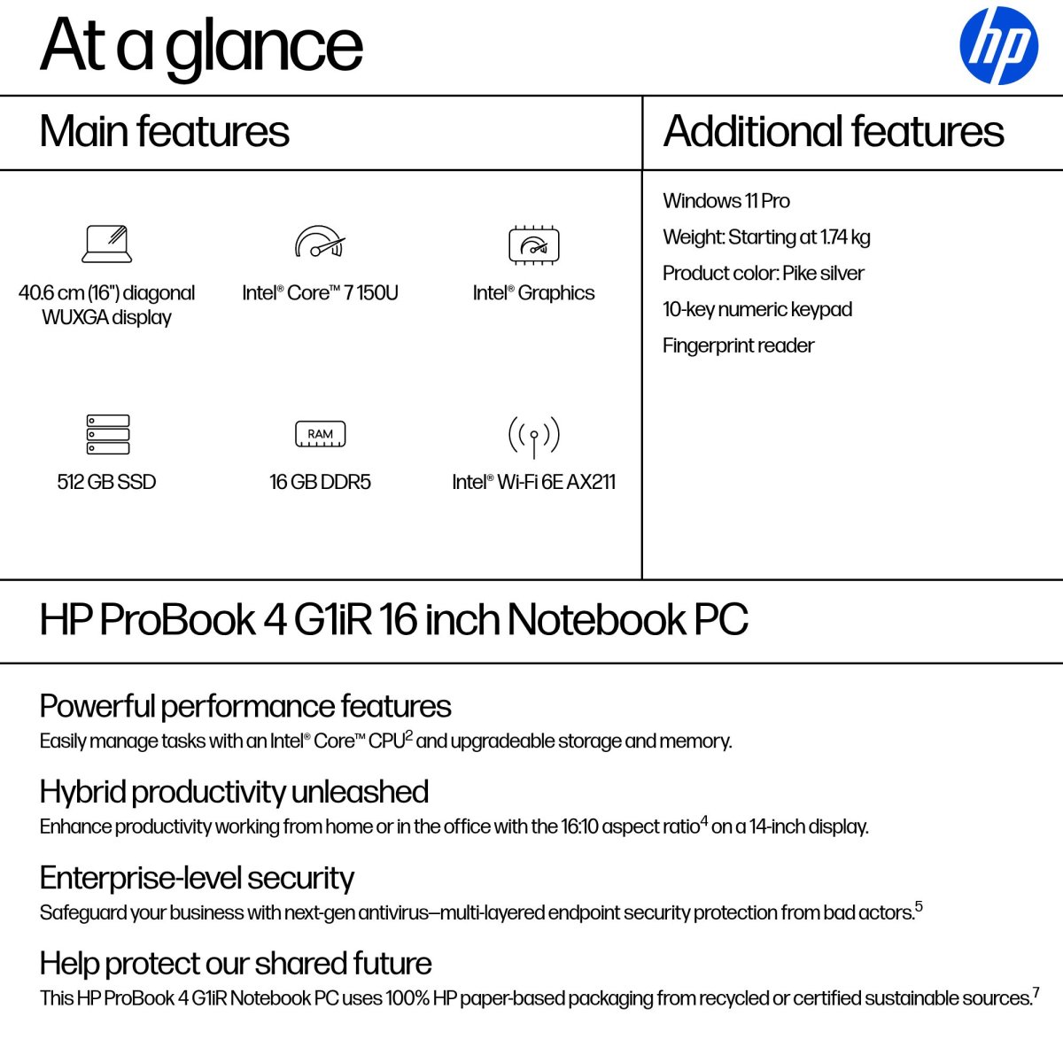 HP ProBook 4 G1iR Intel Core 7 150U Laptop 40.6 cm (16") WUXGA 16 GB DDR5-SDRAM 512 GB SSD Wi-Fi 6E (802.11ax) Windows 11 Pro Silver - Image 4