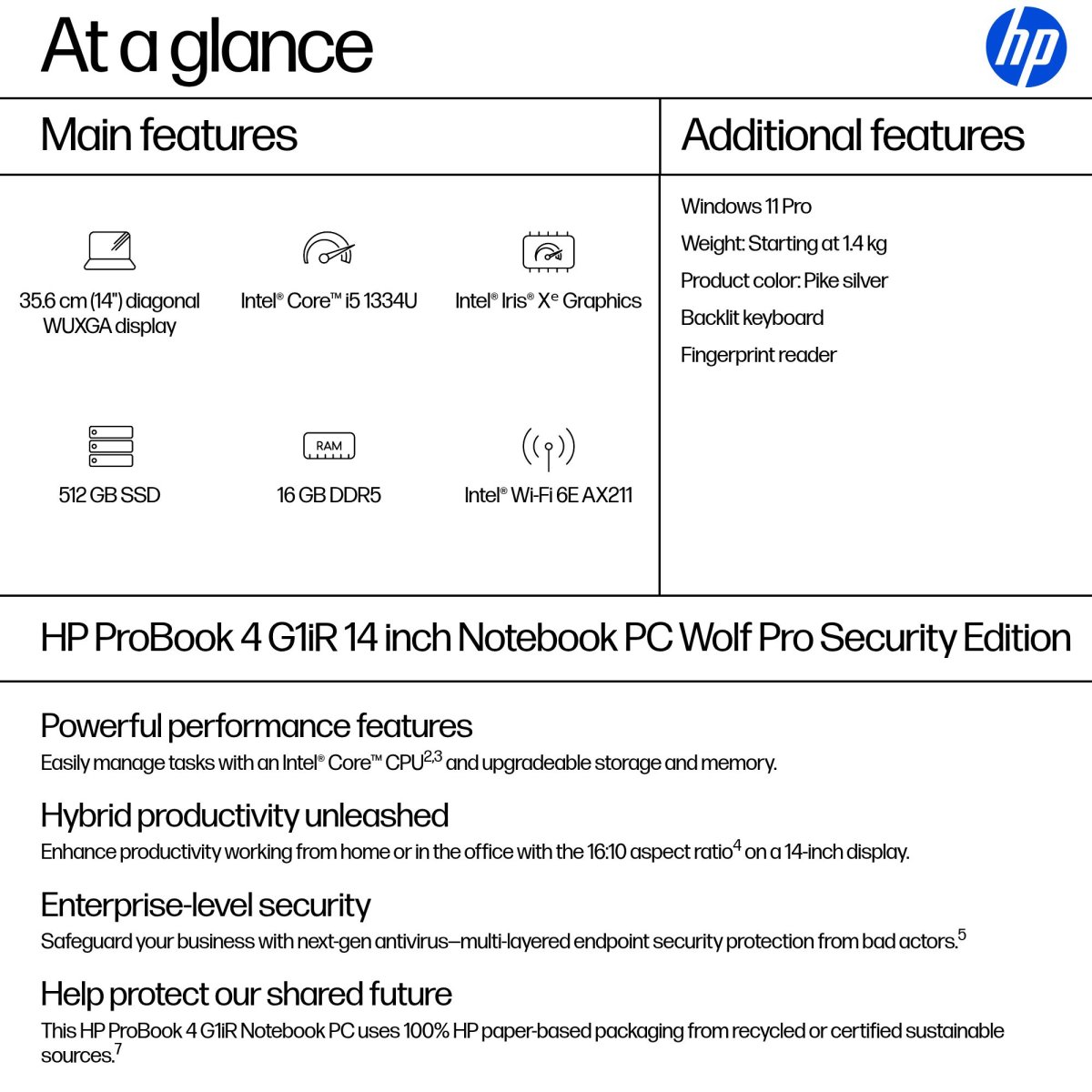 HP ProBook 4 G1iR Wolf Pro Security Edition Intel® Core™ i5 i5-1334U Laptop 35.6 cm (14") WUXGA 16 GB DDR5-SDRAM 512 GB SSD Wi-Fi 6E (802.11ax) Windows 11 Pro Silver - Image 4