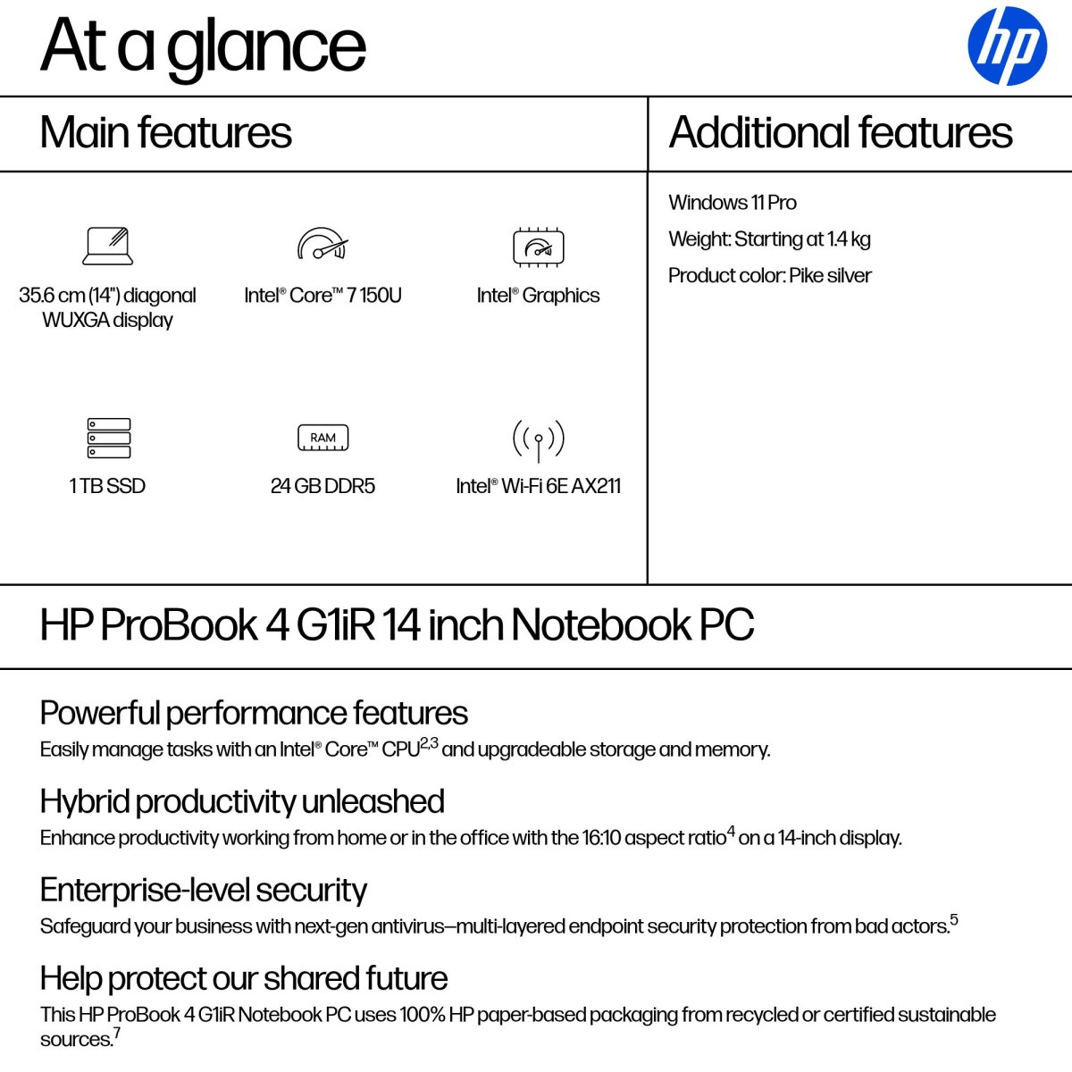HP ProBook 4 G1iR Intel Core 7 150U Laptop 35.6 cm (14") WUXGA 24 GB DDR5-SDRAM 1 TB SSD Wi-Fi 6E (802.11ax) Windows 11 Pro Silver - Image 4