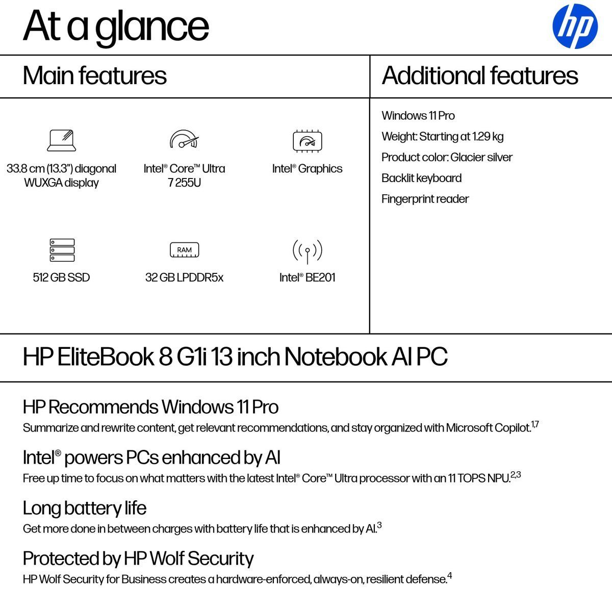 HP EliteBook 8 G1i Intel Core Ultra 7 255U Laptop 33.8 cm (13.3") WUXGA 32 GB LPDDR5x-SDRAM 512 GB SSD Wi-Fi 7 (802.11be) Windows 11 Pro AI PC Silver - Image 4