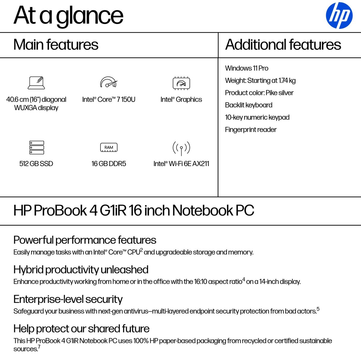 HP ProBook 4 G1iR Intel Core 7 150U Laptop 40.6 cm (16") WUXGA 16 GB DDR5-SDRAM 512 GB SSD Wi-Fi 6E (802.11ax) Windows 11 Pro Silver - Image 4
