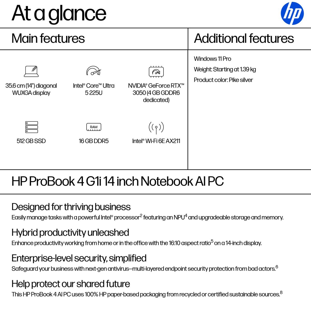 HP ProBook 4 14 G1i AI Intel Core Ultra 5 225U Laptop 35.6 cm (14") WUXGA 16 GB DDR5-SDRAM 512 GB SSD Wi-Fi 6E (802.11ax) Windows 11 Pro AI PC Silver - Image 3